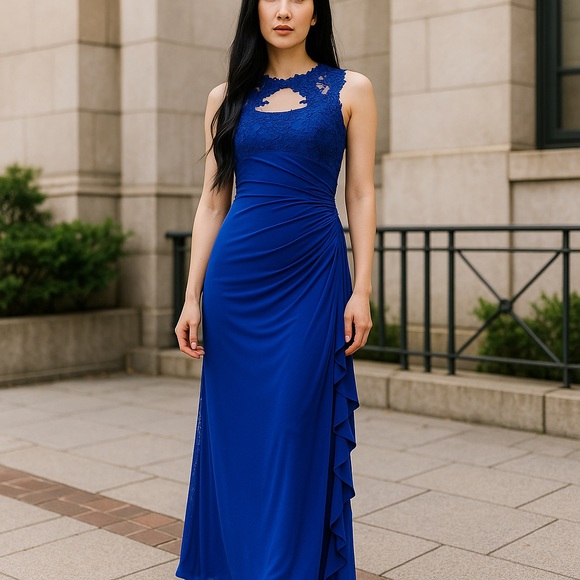 Blue Ruched Ruffled Maxi Gown - Picture 8 of 9